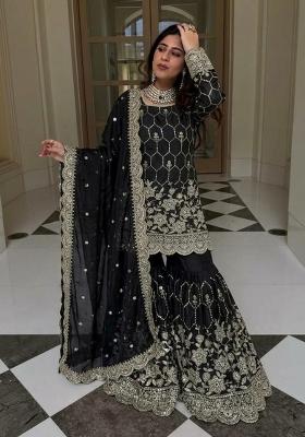 Black Sequin Work Silk Sharara Suit