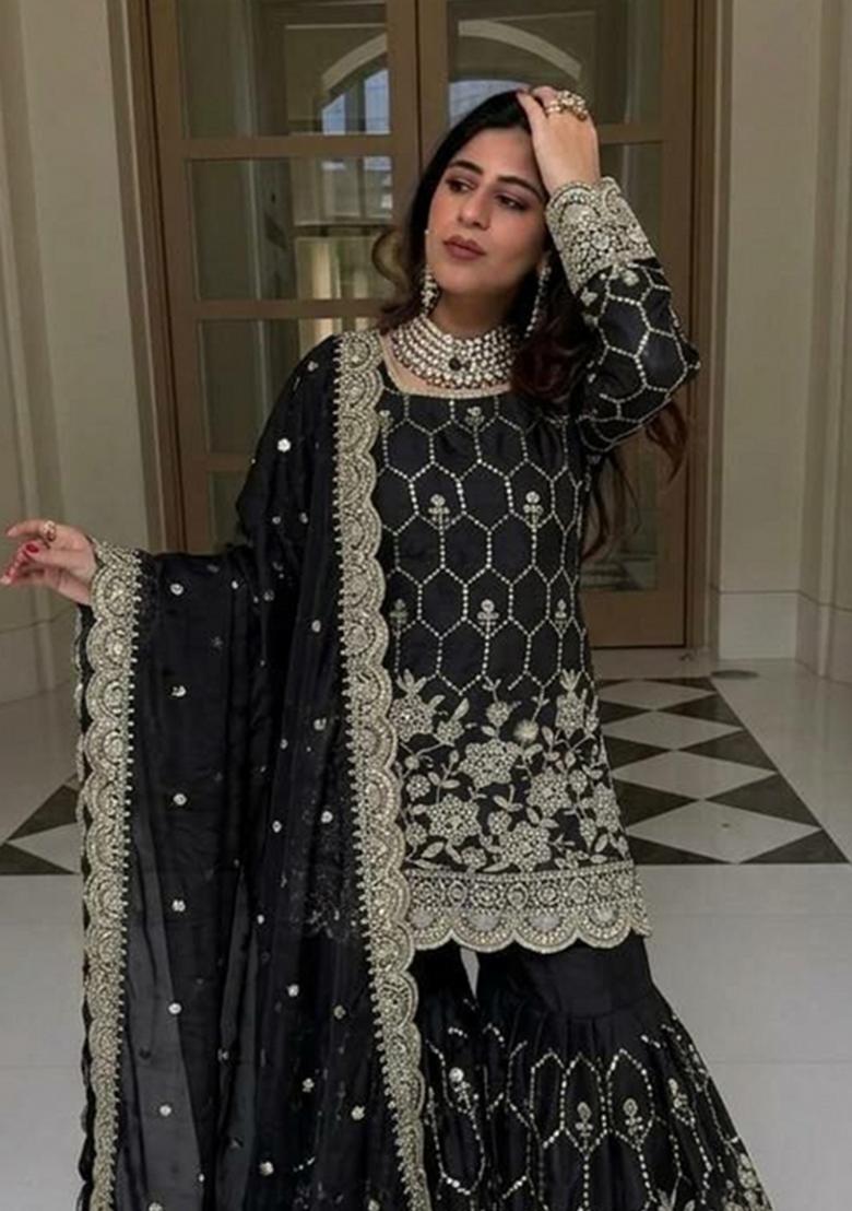 Black Sequin Work Silk Sharara Suit - Indya