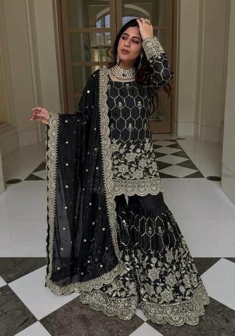 Black Sequin Work Silk Sharara Suit