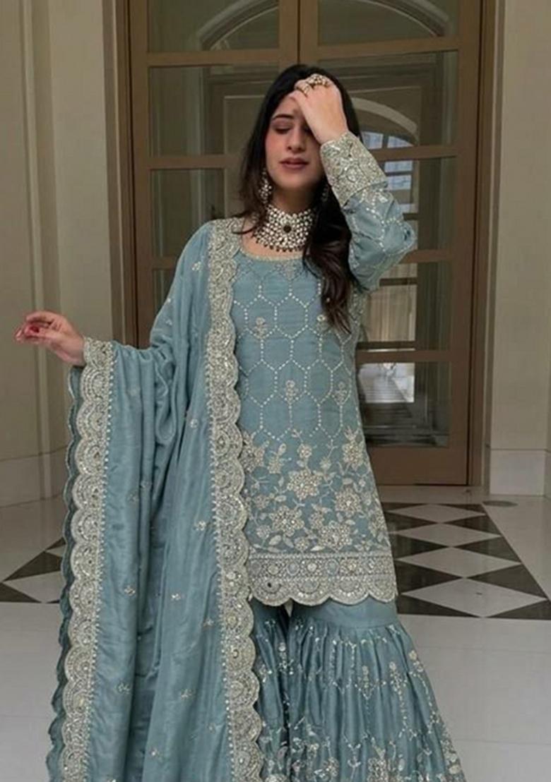 Blue Sequin Work Silk Sharara Suit - Indya