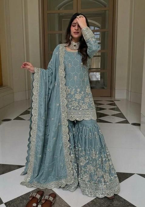 Blue Sequin Work Silk Sharara Suit
