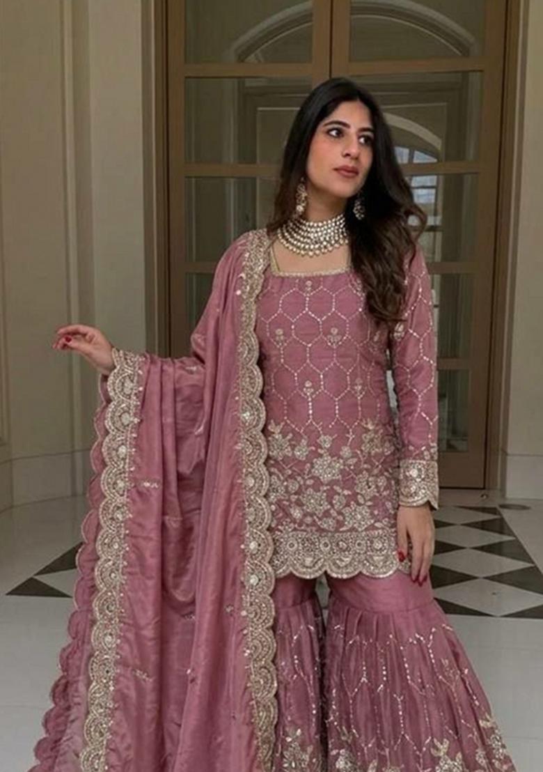 White Sequin Work Silk Sharara Suit - Indya