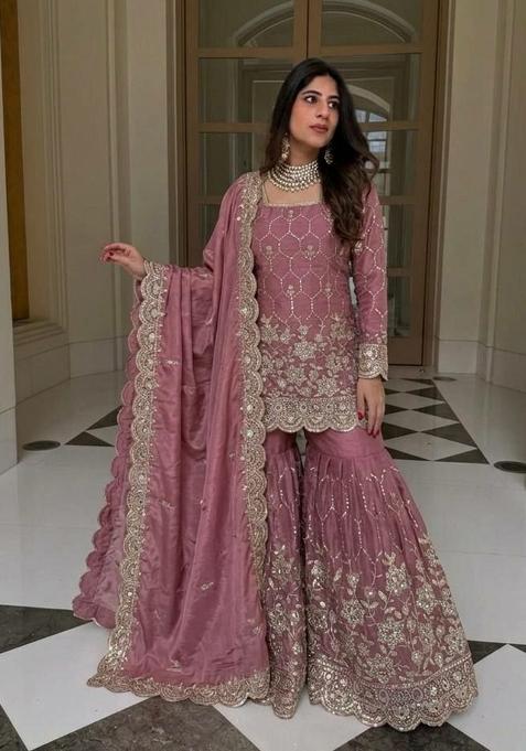 White Sequin Work Silk Sharara Suit