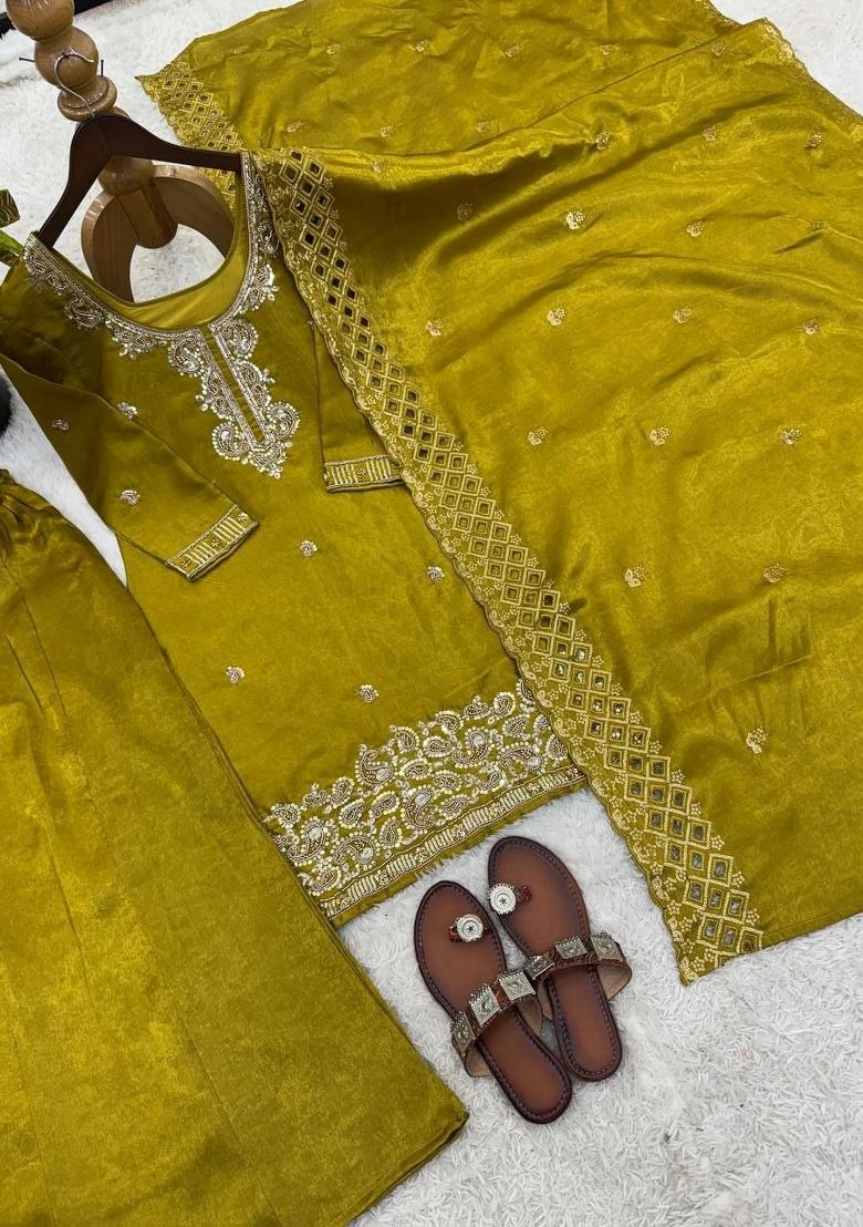 Green Embroidered Silk Sharara Suit - Indya