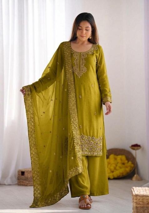 Green Embroidered Silk Sharara Suit