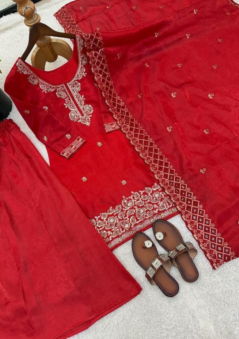 Red Embroidered Silk Sharara Suit - Indya