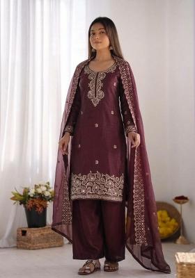 Maroon Embroidered Silk Sharara Suit