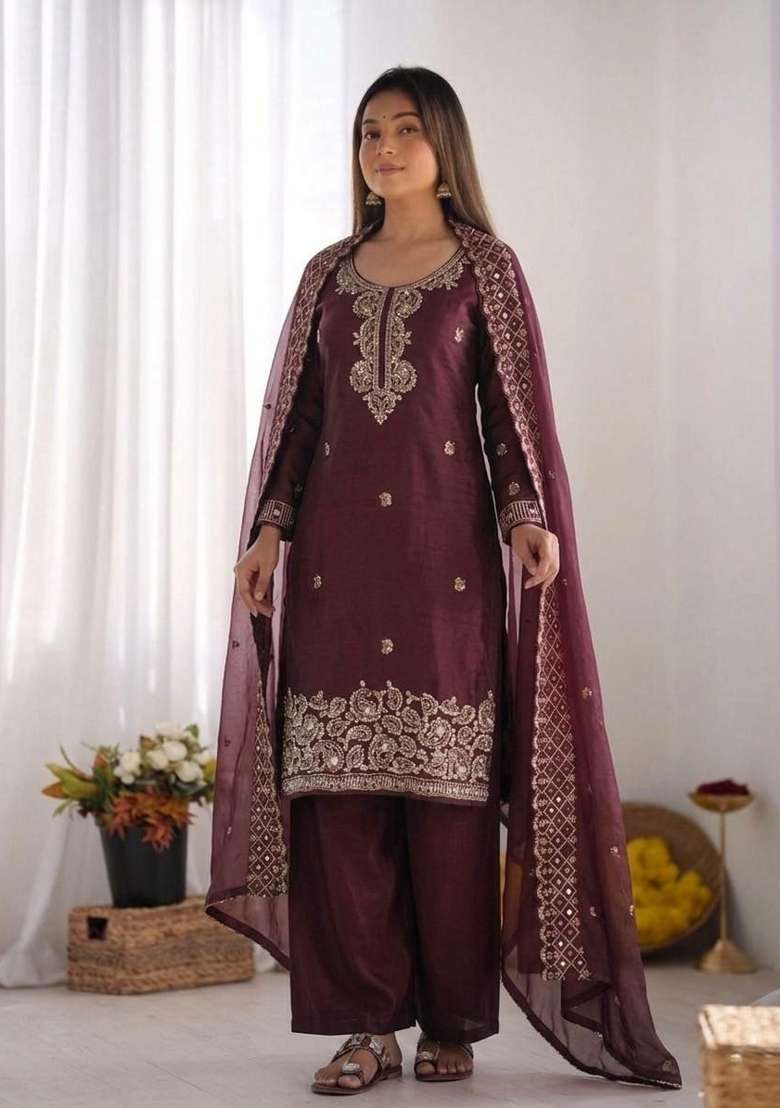 Maroon Embroidered Silk Sharara Suit - Indya