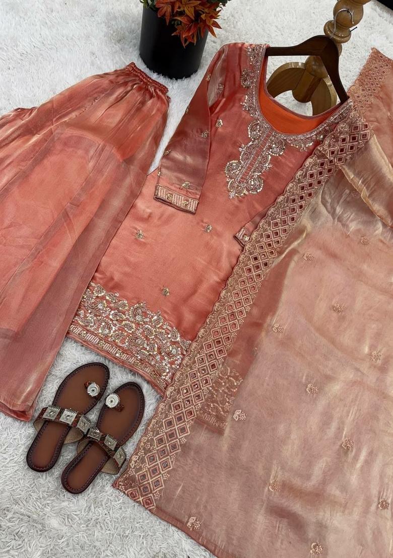 Peach Embroidered Silk Sharara Suit - Indya