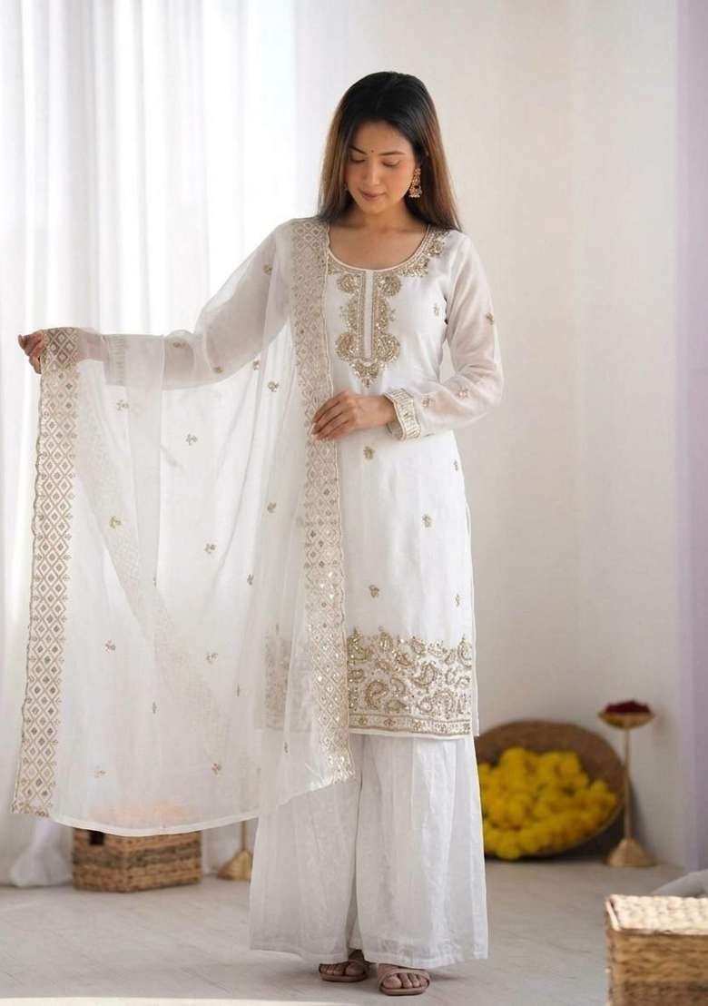 White Embroidered Silk Sharara Suit - Indya