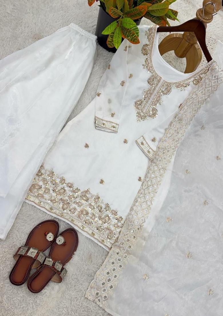 White Embroidered Silk Sharara Suit - Indya
