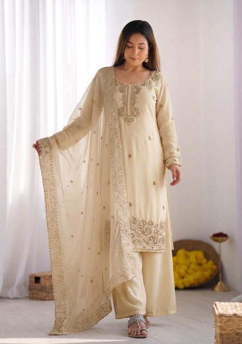 Beige Embroidered Silk Sharara Suit - Indya