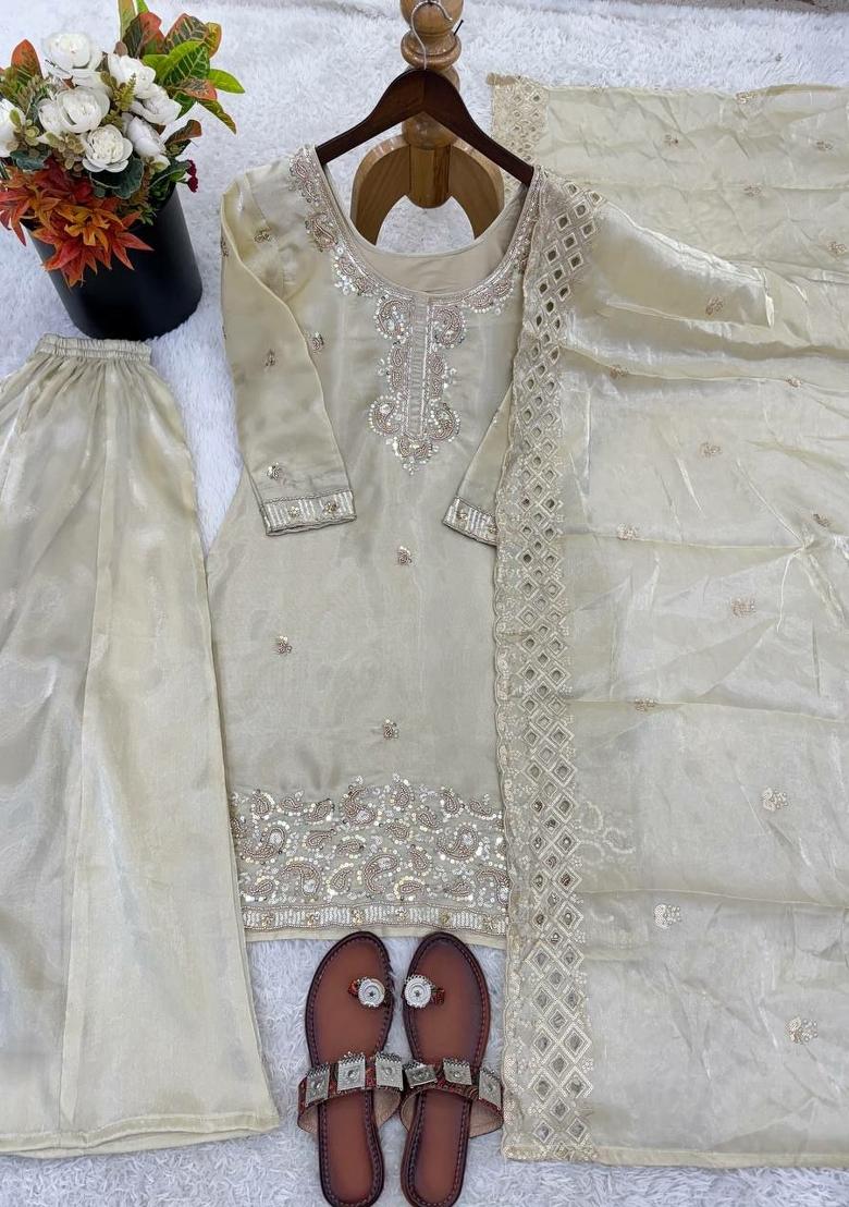 Beige Embroidered Silk Sharara Suit - Indya