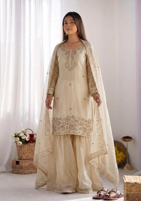 Beige Embroidered Silk Sharara Suit