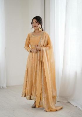 Peach Sequin Work Silk Anarkali Set