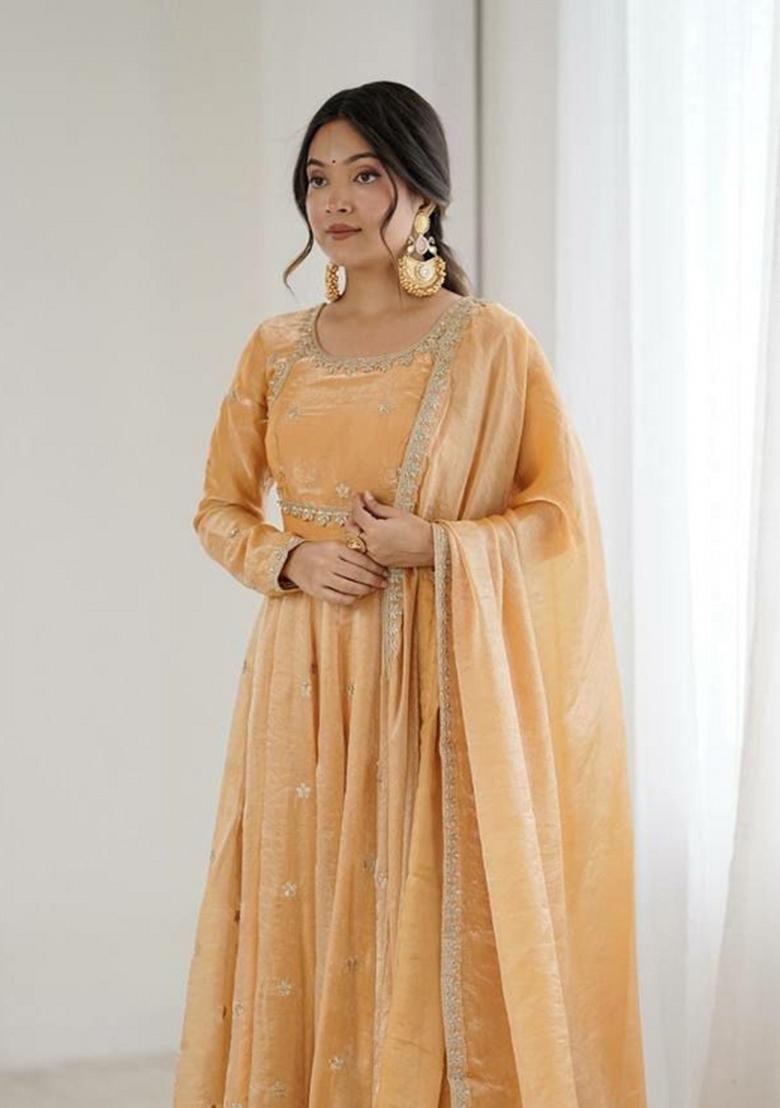 Peach Sequin Work Silk Anarkali Set - Indya