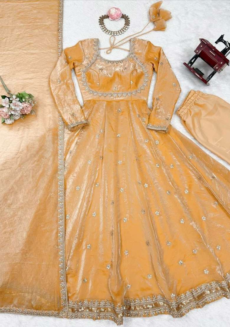 Peach Sequin Work Silk Anarkali Set - Indya