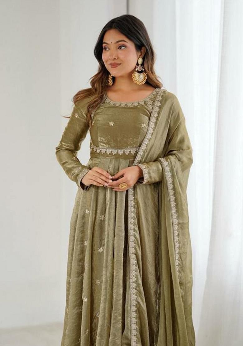 Mehendi Green Sequin Work Silk Anarkali Set - Indya
