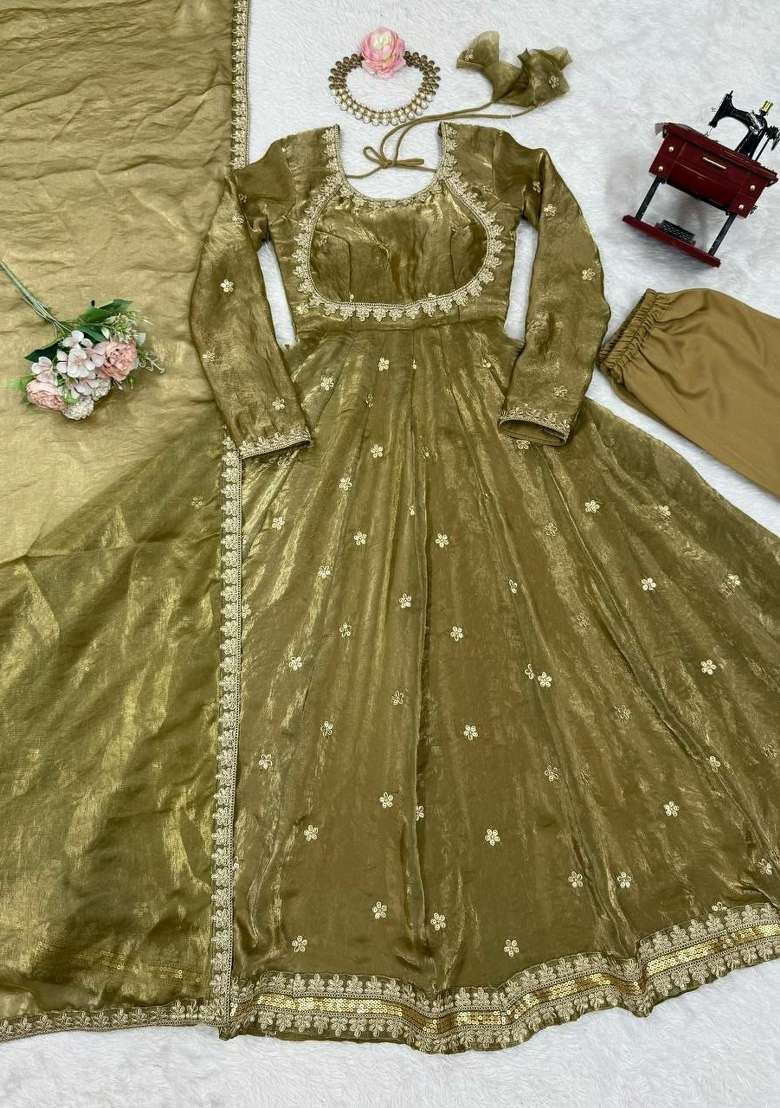 Mehendi Green Sequin Work Silk Anarkali Set - Indya