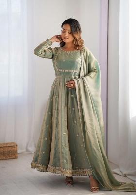 Green Sequin Work Silk Anarkali Set