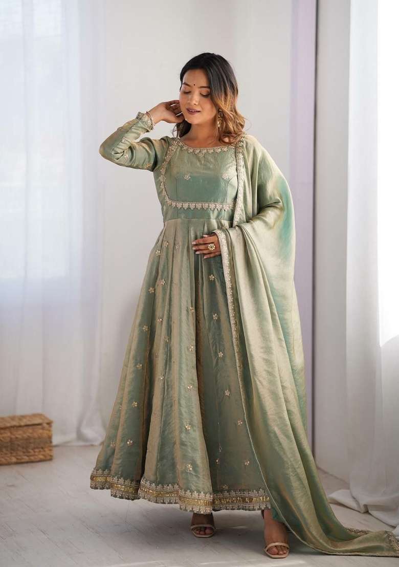 Green Sequin Work Silk Anarkali Set - Indya