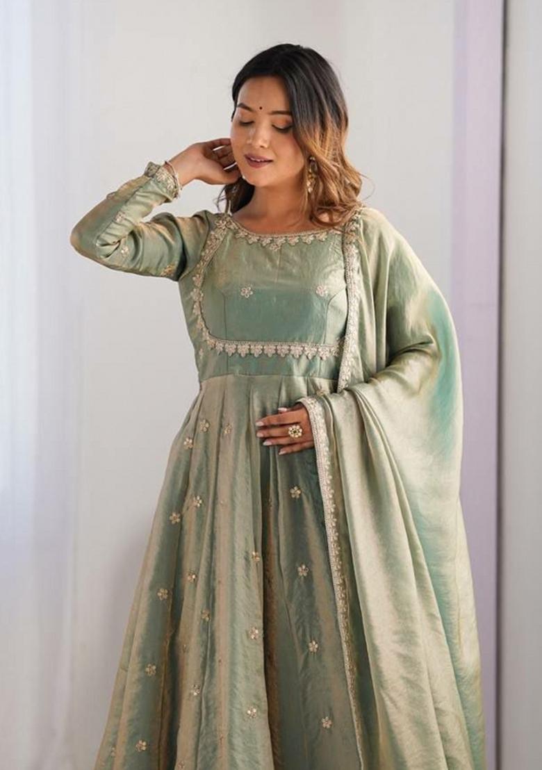 Green Sequin Work Silk Anarkali Set - Indya