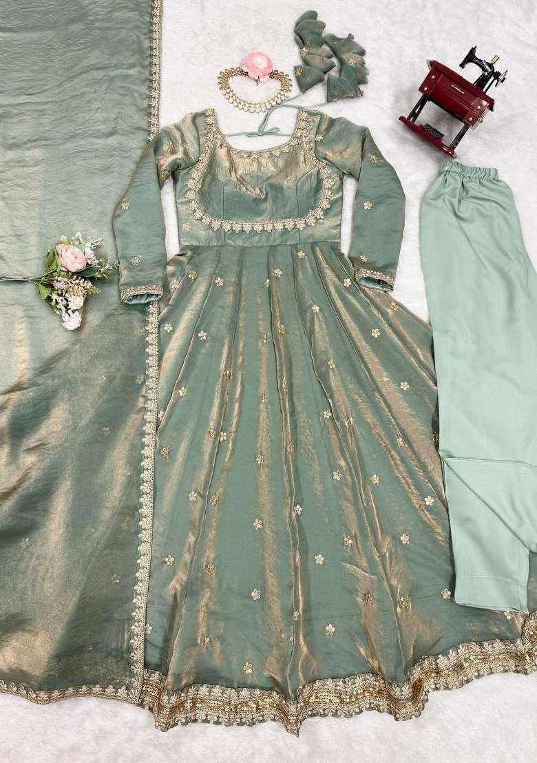 Green Sequin Work Silk Anarkali Set - Indya