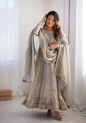 Grey Sequin Work Silk Anarkali Set