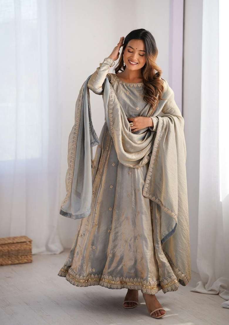 Grey Sequin Work Silk Anarkali Set - Indya