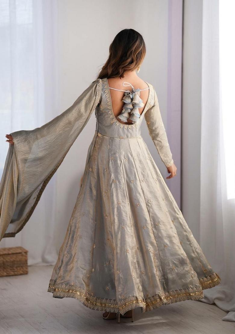 Grey Sequin Work Silk Anarkali Set - Indya