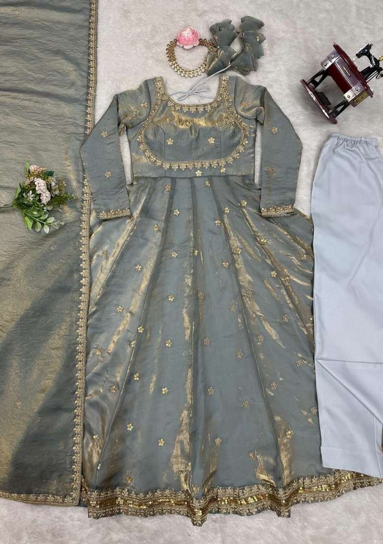 Grey Sequin Work Silk Anarkali Set - Indya