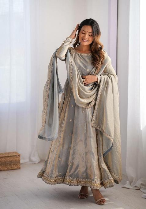 Grey Sequin Work Silk Anarkali Set
