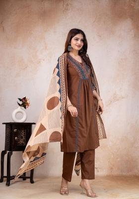 Brown Embroidered Cotton Kurta Set