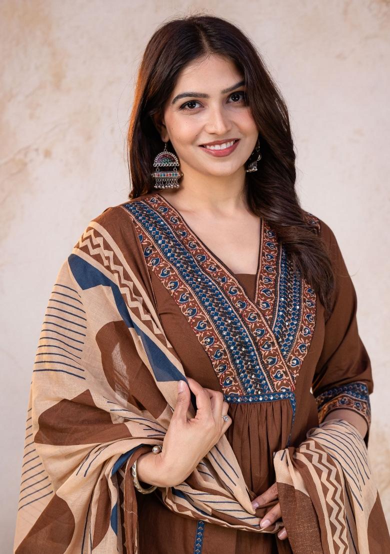 Brown Embroidered Cotton Kurta Set - Indya