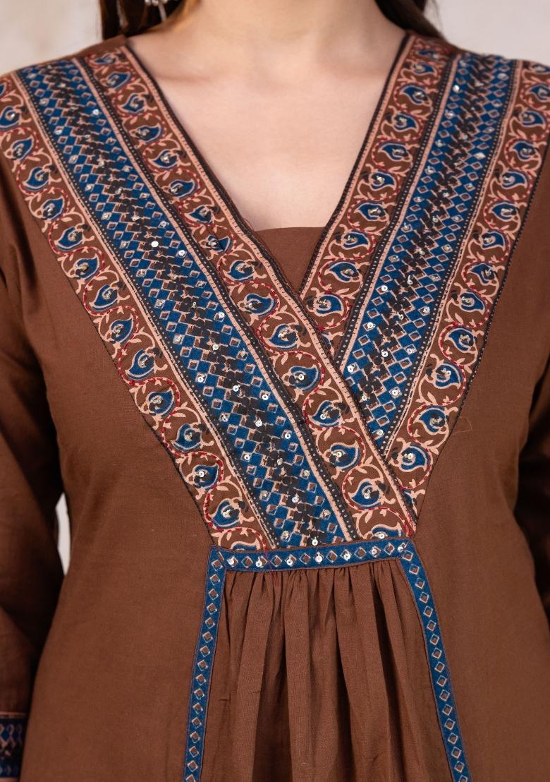 Brown Embroidered Cotton Kurta Set - Indya