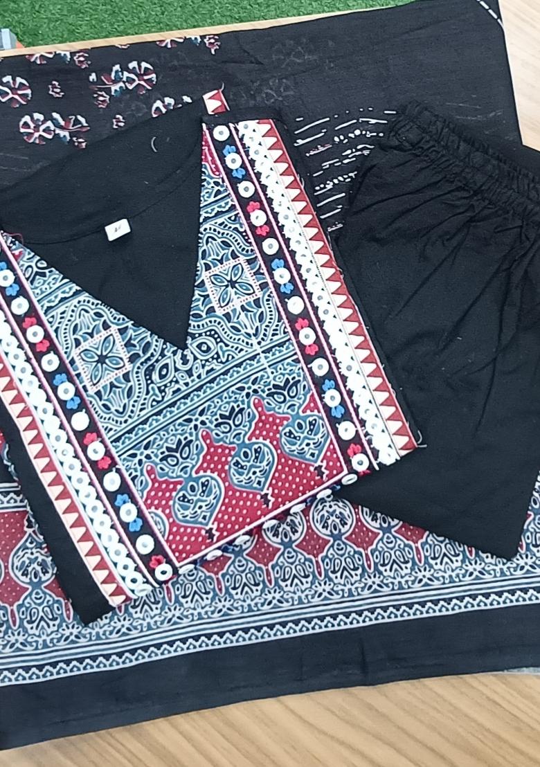 Black Embroidered Cotton Kurta Set - Indya