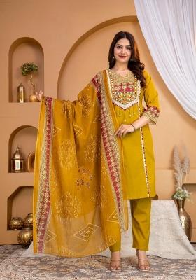 Mustard Embroidered Cotton Kurta Set