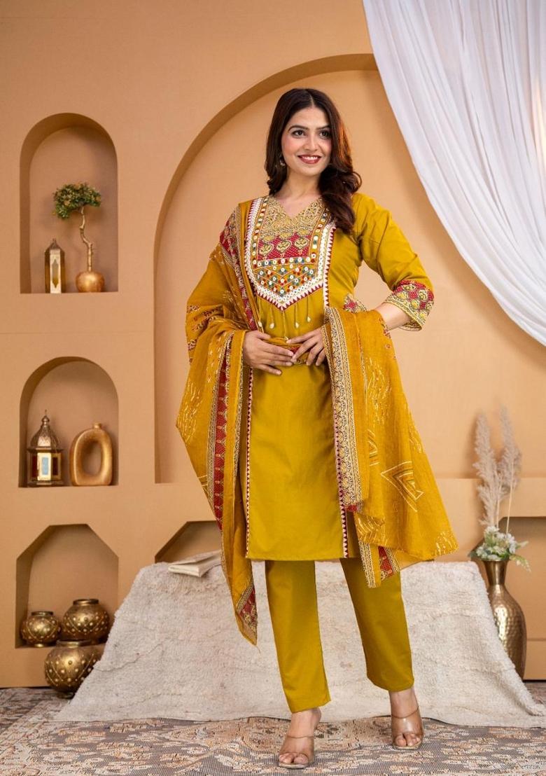 Mustard Embroidered Cotton Kurta Set - Indya