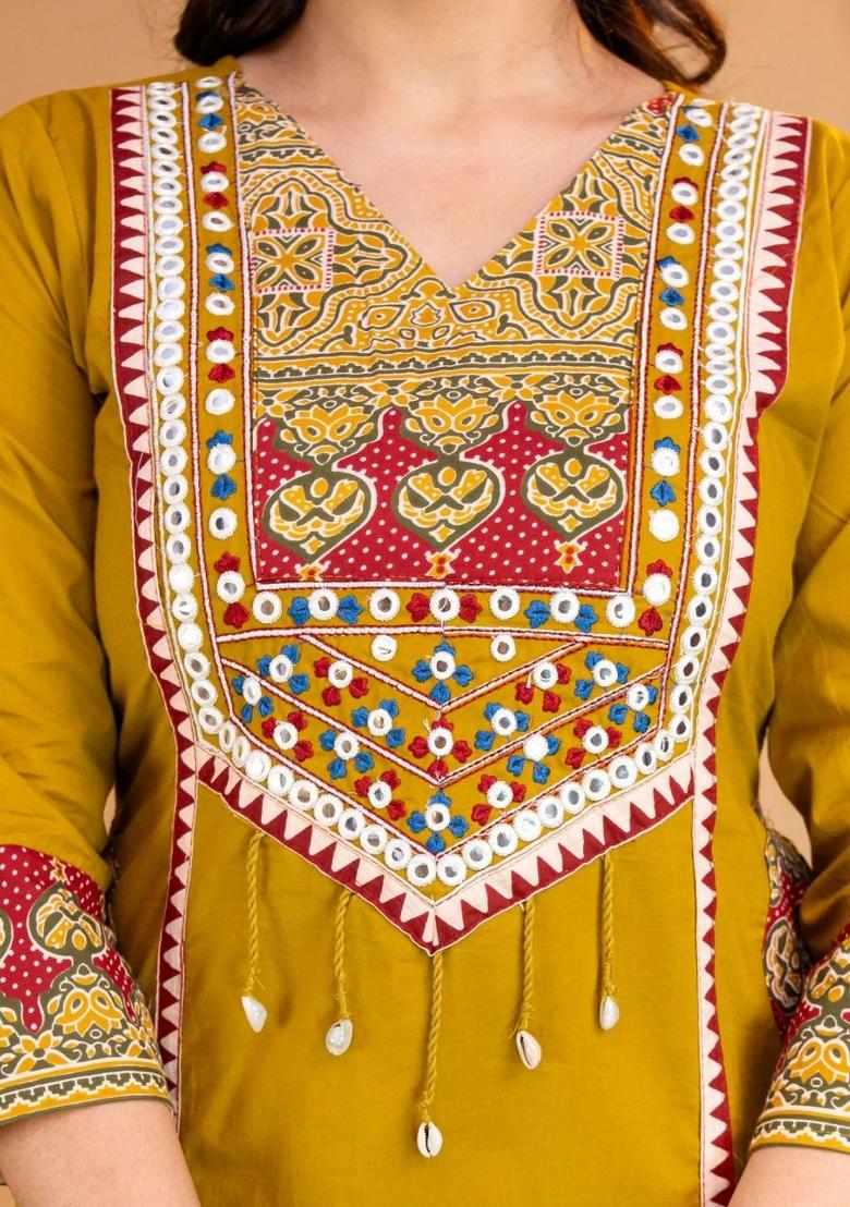 Mustard Embroidered Cotton Kurta Set - Indya