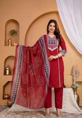 Maroon Embroidered Cotton Kurta Set