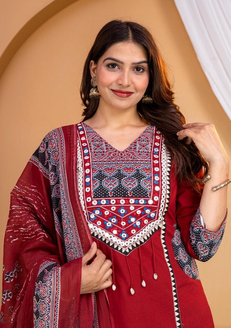 Maroon Embroidered Cotton Kurta Set - Indya