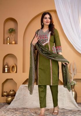 Green Embroidered Cotton Kurta Set