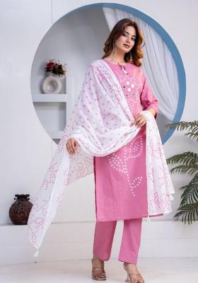 Pink Mirror Work Cotton Kurta Set
