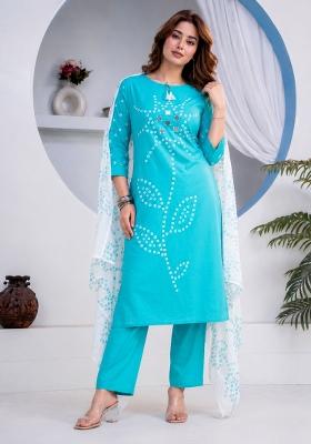 Blue Mirror Work Cotton Kurta Set