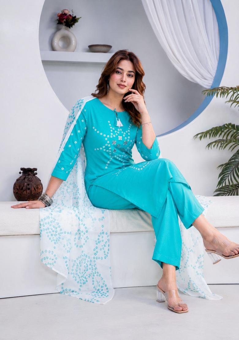 Blue Mirror Work Cotton Kurta Set - Indya
