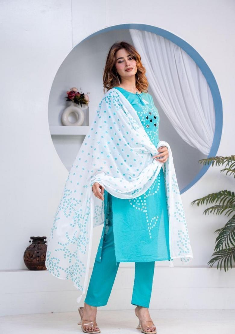 Blue Mirror Work Cotton Kurta Set - Indya