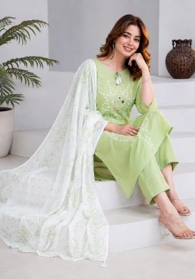 Green Mirror Work Cotton Kurta Set