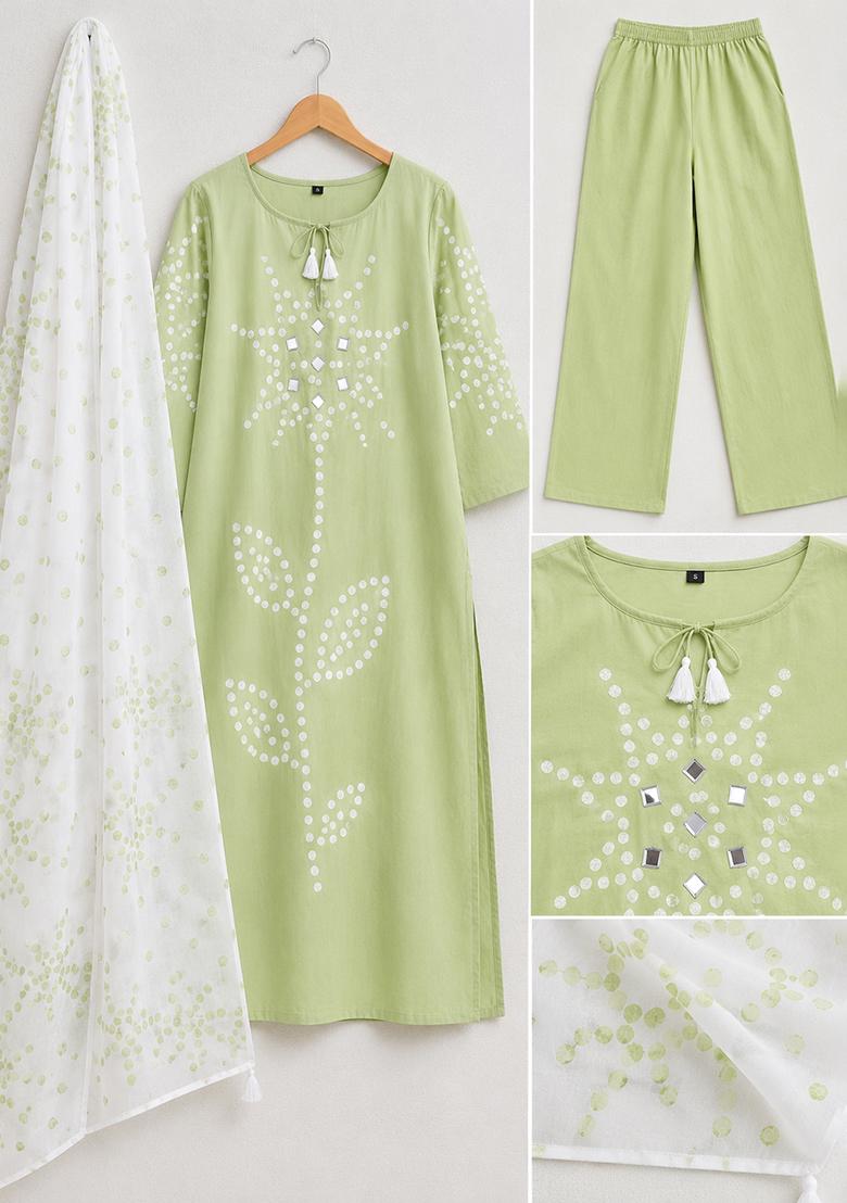 Green Mirror Work Cotton Kurta Set - Indya