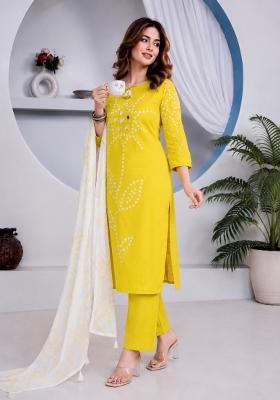 Yellow Mirror Work Cotton Kurta Set