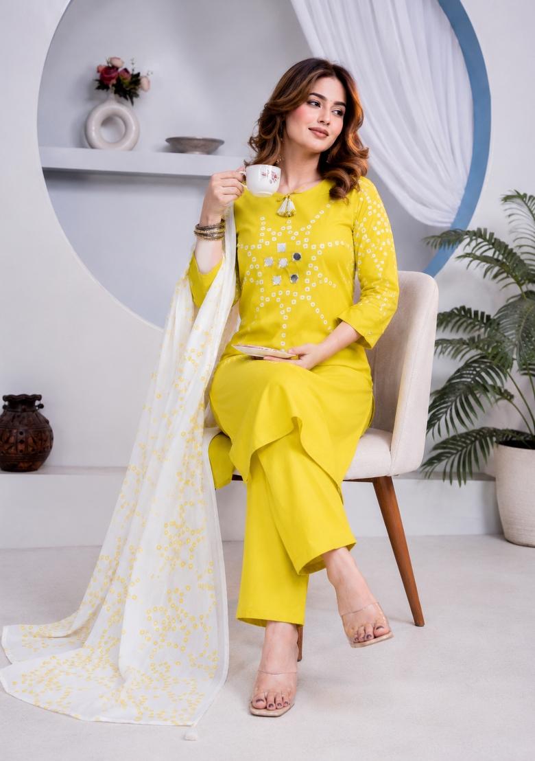 Yellow Mirror Work Cotton Kurta Set - Indya
